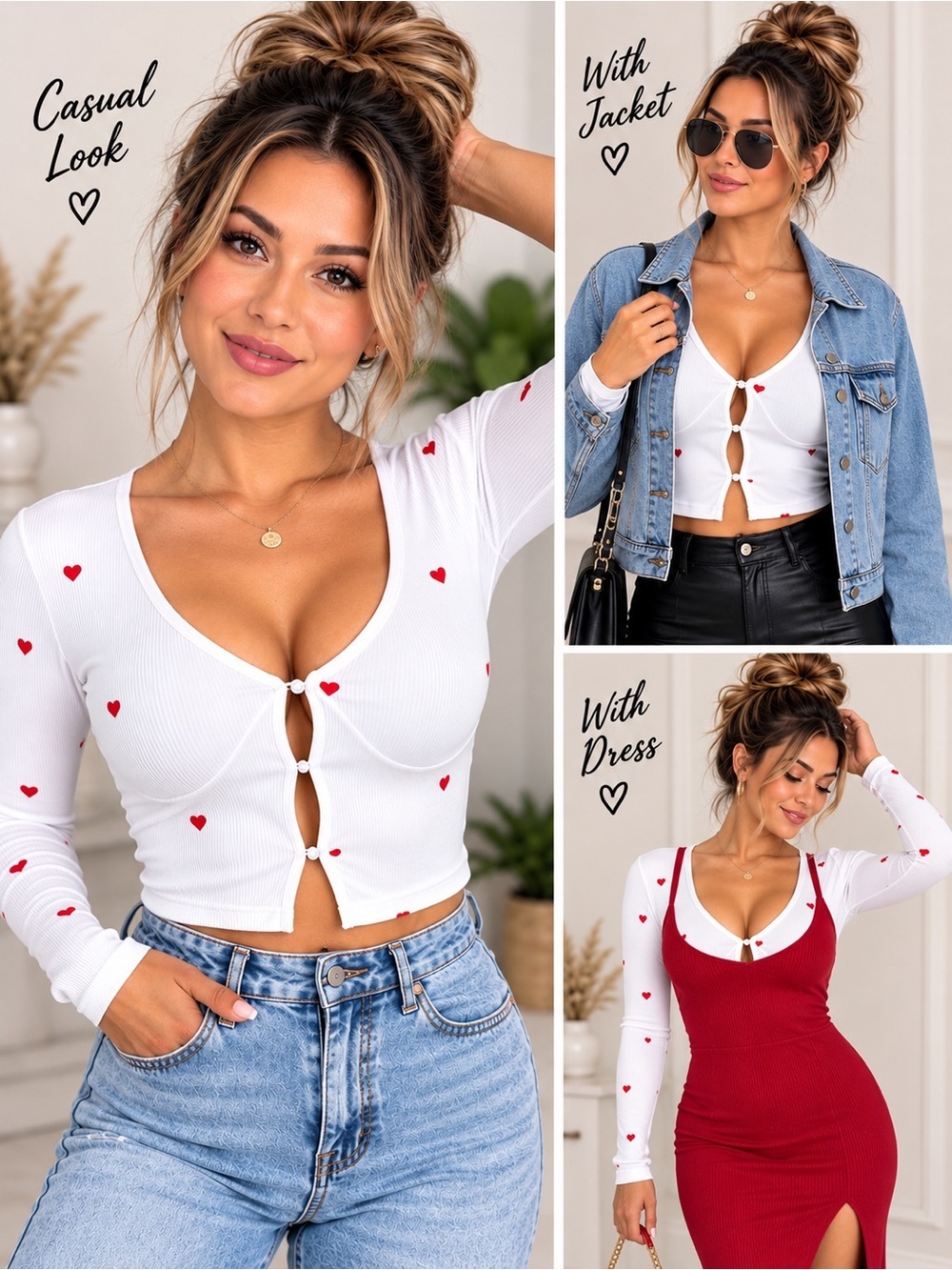 White Heart Print Crop Blouse  Long Sleeve